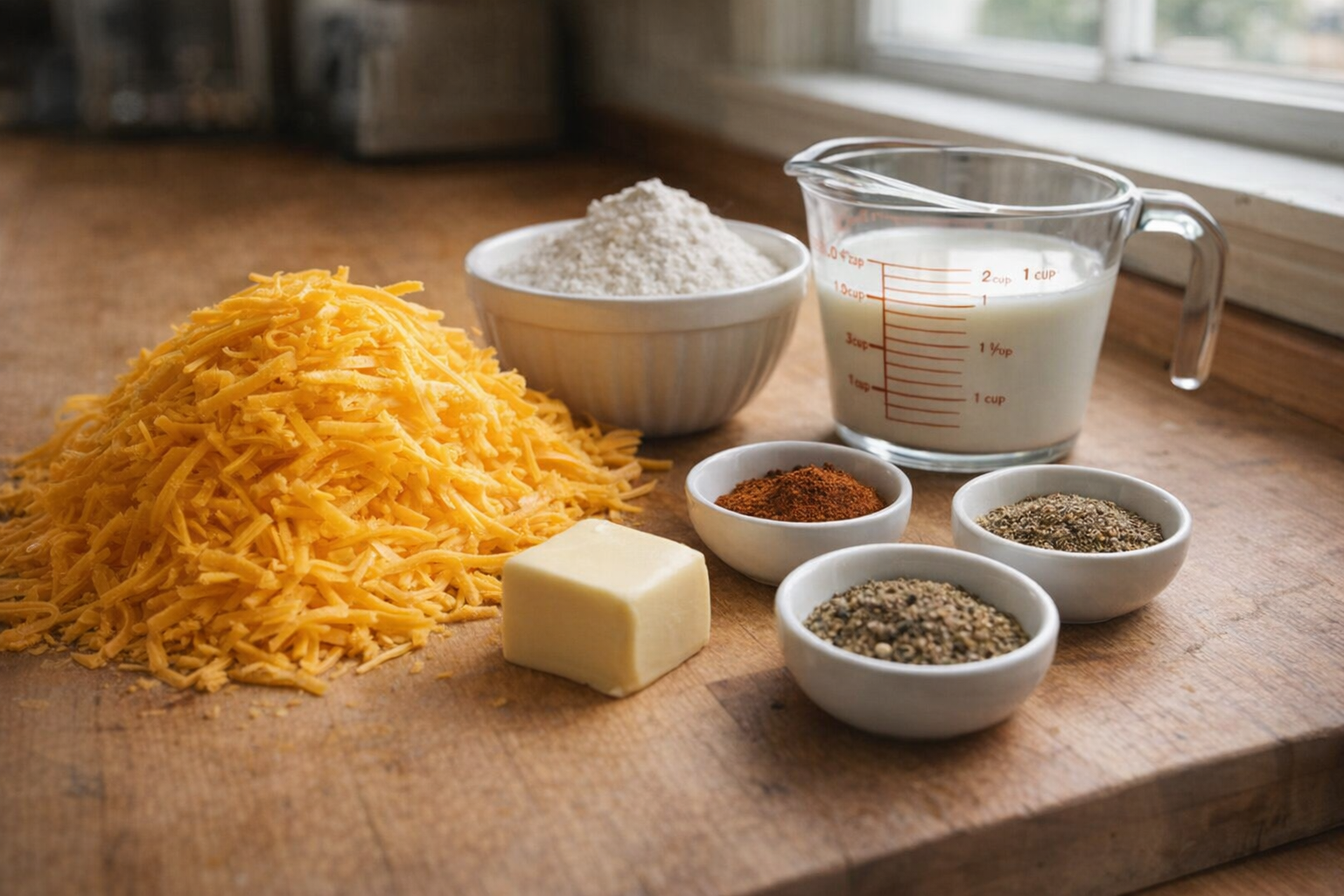 Close-up shot of shredded cheddar cheese, a pat of butter, a bowl of flour, a measuring cup of milk, and various spices arranged on a wooden countertop. Natural light coming from a nearby window.